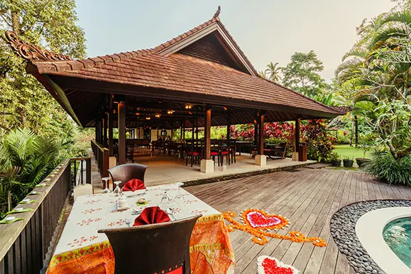 Beautifully decorated interior space at BeingSattvaa retreat in Bali