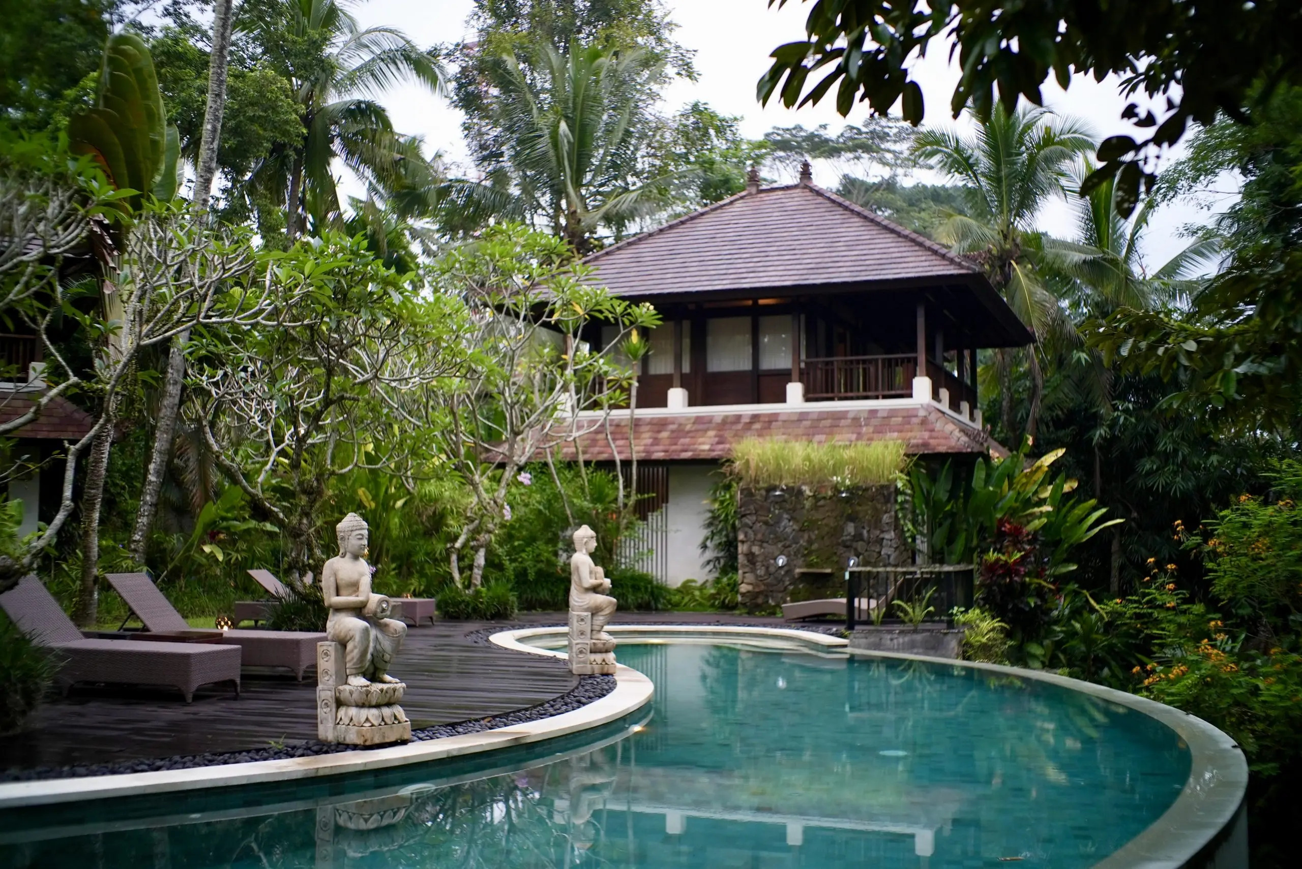 Serene swimming pool surrounded by tropical greenery at BeingSattvaa retreat in Bali